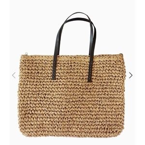NWOT Rattan Woven Knitted Straw Tote Leather Trim Large Shoulder bag Zipper Top